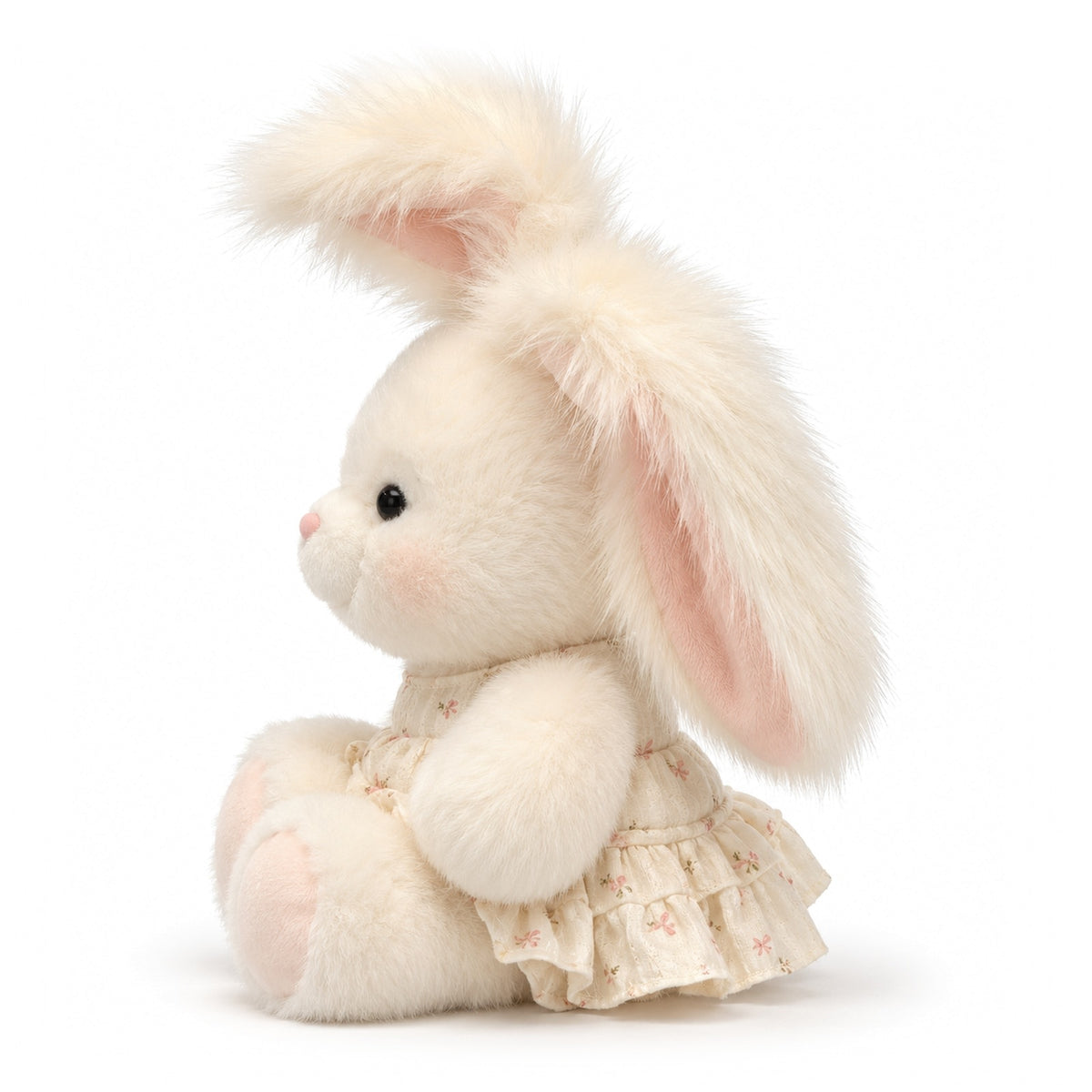 running bunny plush toy cream fluffy stuffed animal long ear bunny plushie in floral skirt side view the plushables 7
